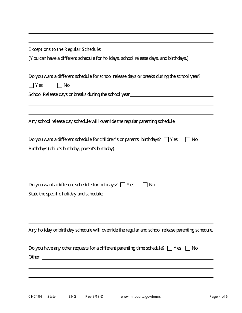 Form CHC104 Notice of Motion and Motion to Establish Custody and Parenting Time - Minnesota, Page 4
