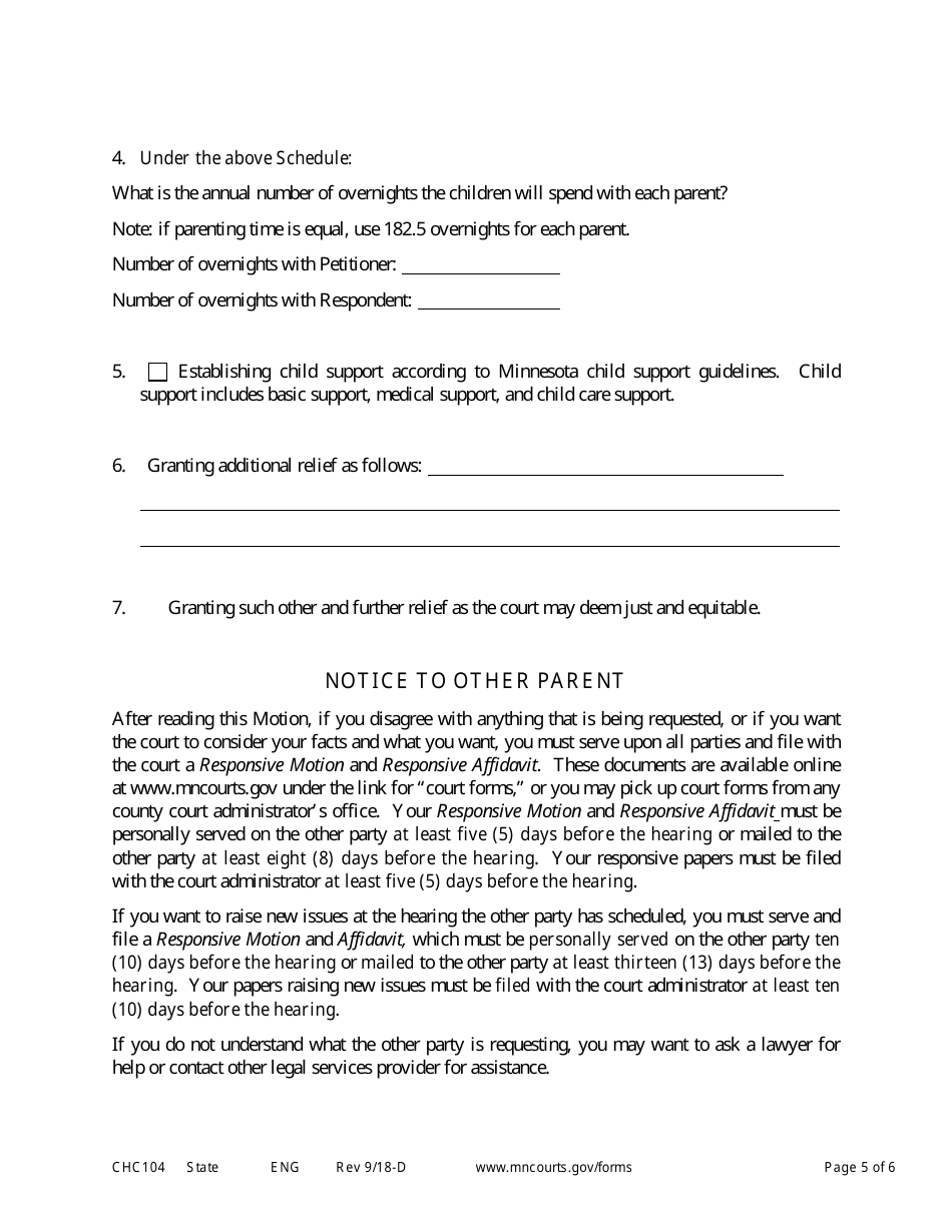 Form CHC104 Notice of Motion and Motion to Establish Custody and Parenting Time - Minnesota, Page 5