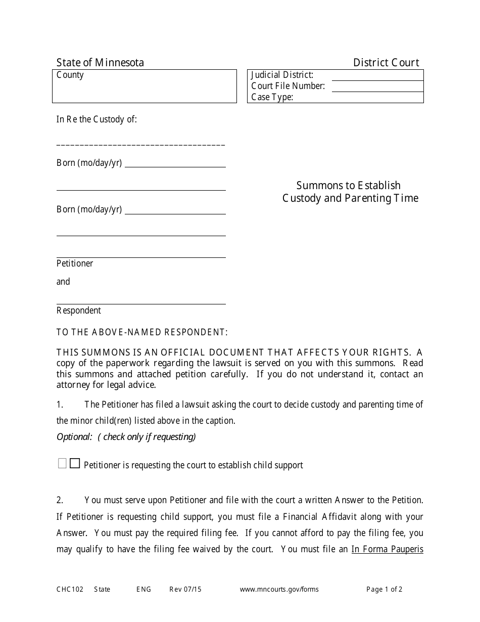 Form CHC102 Summons to Establish Custody and Parenting Time - Minnesota, Page 1