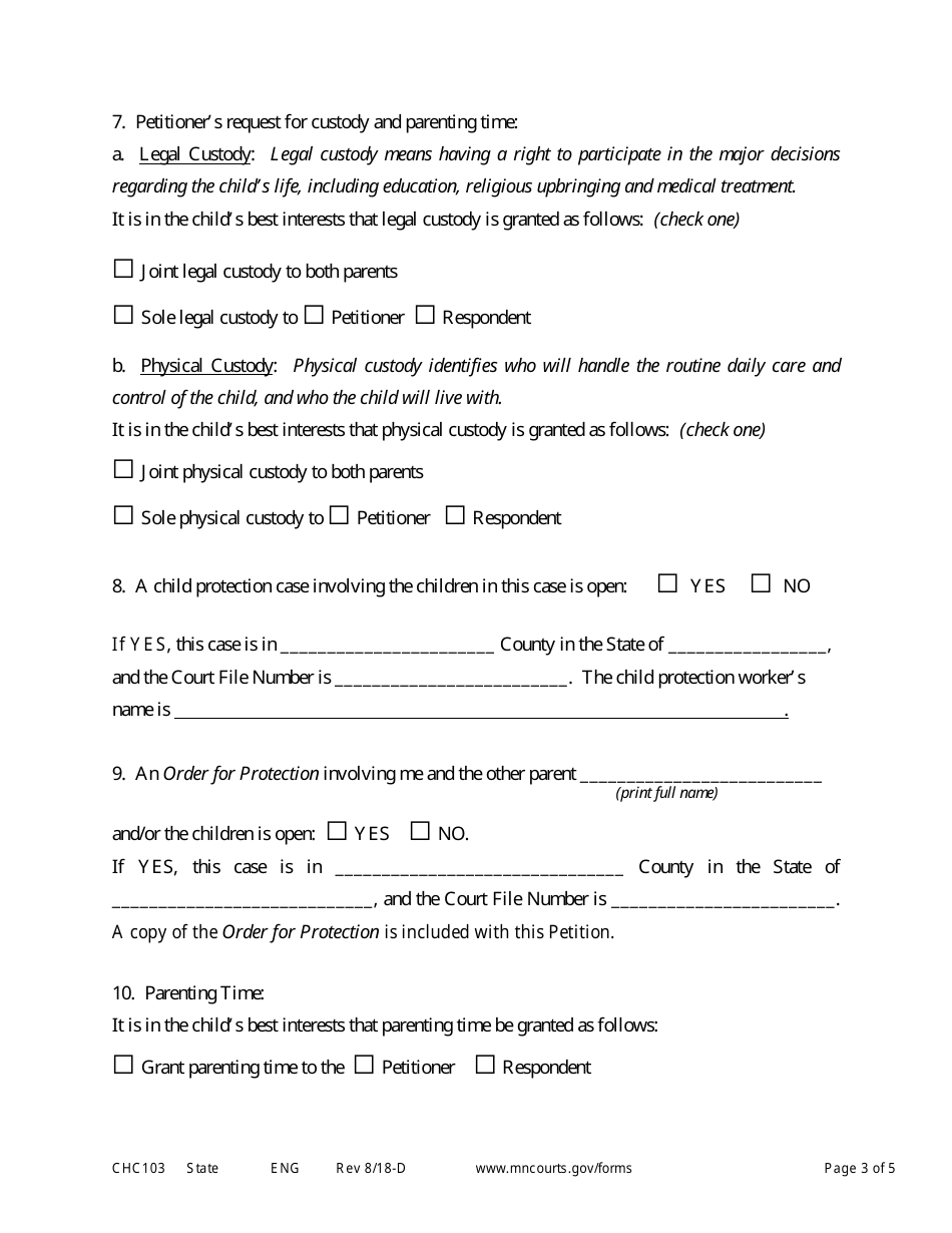 Form CHC103 Petition to Establish Custody and Parenting Time - Minnesota, Page 3