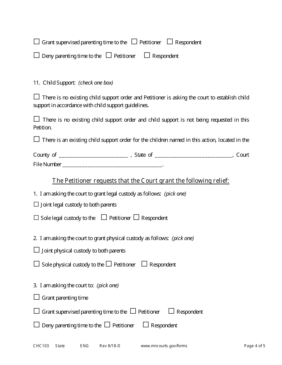 Form CHC103 Petition to Establish Custody and Parenting Time - Minnesota, Page 4
