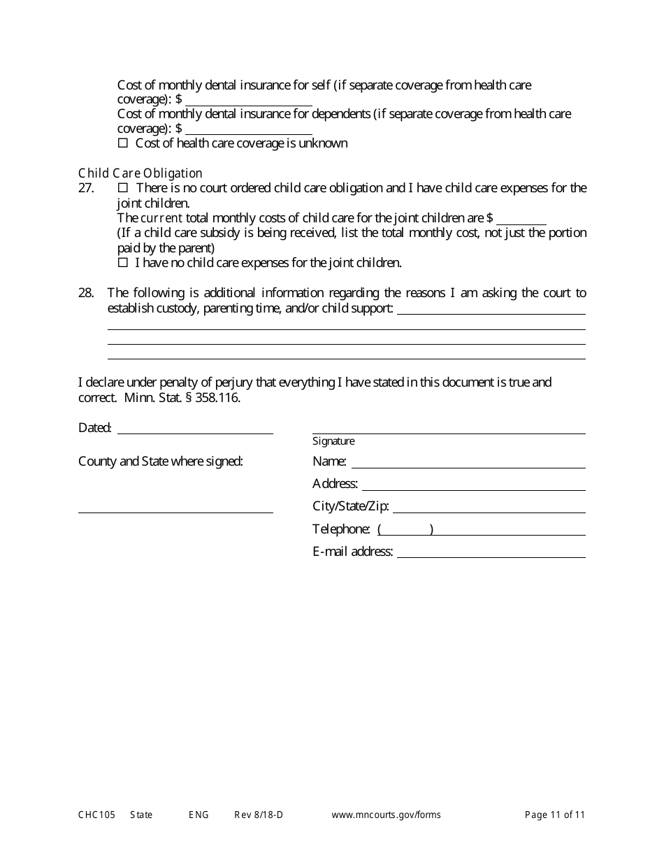 Form CHC105 Affidavit in Support of Establishing Custody and Parenting Time - Minnesota, Page 11