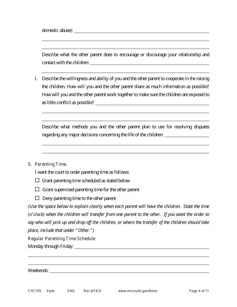 Form CHC105 Affidavit in Support of Establishing Custody and Parenting Time - Minnesota, Page 4