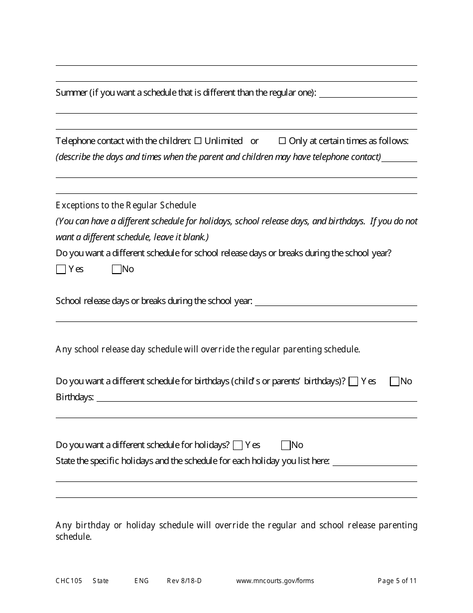 Form CHC105 Affidavit in Support of Establishing Custody and Parenting Time - Minnesota, Page 5