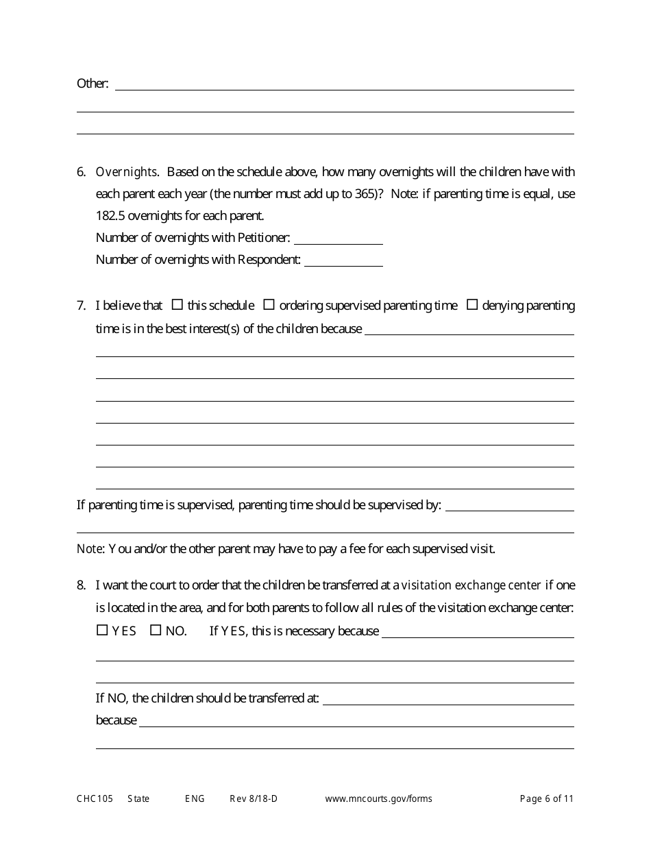 Form CHC105 Affidavit in Support of Establishing Custody and Parenting Time - Minnesota, Page 6