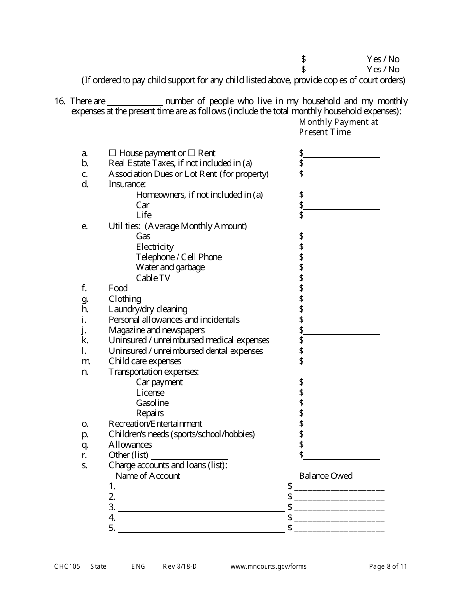 Form CHC105 Affidavit in Support of Establishing Custody and Parenting Time - Minnesota, Page 8