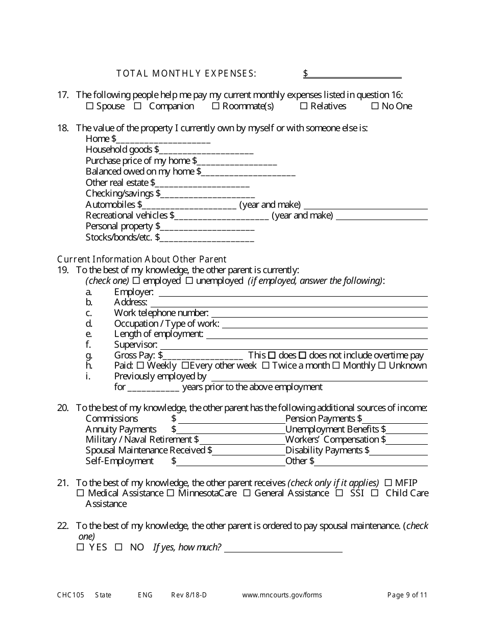 Form CHC105 Affidavit in Support of Establishing Custody and Parenting Time - Minnesota, Page 9