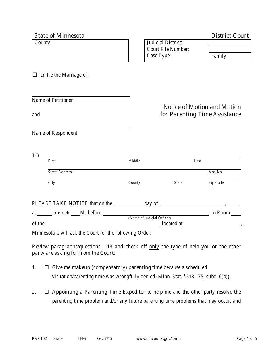Form PAR102 Notice of Motion and Motion for Parenting Time Assistance - Minnesota, Page 1
