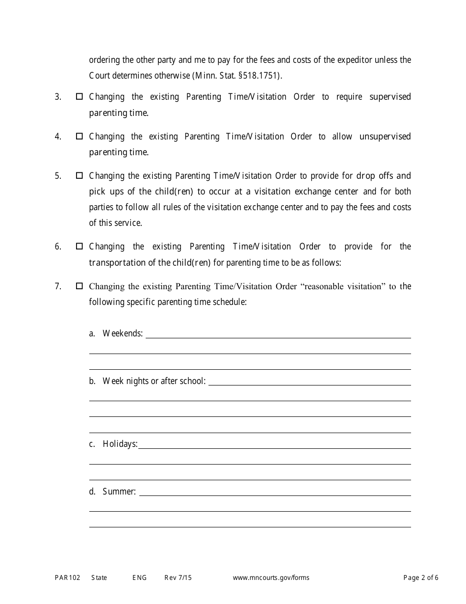 Form PAR102 Notice of Motion and Motion for Parenting Time Assistance - Minnesota, Page 2