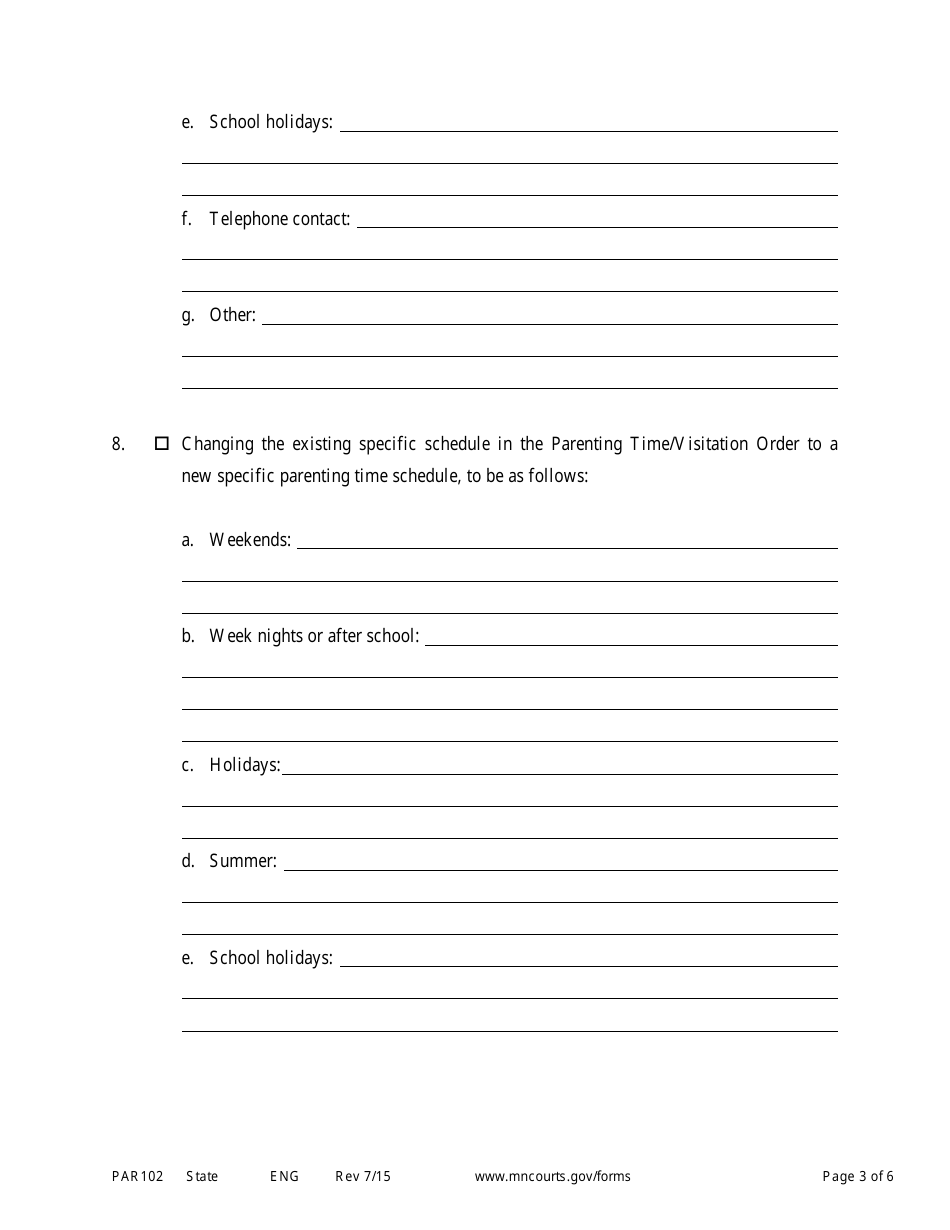 Form PAR102 Notice of Motion and Motion for Parenting Time Assistance - Minnesota, Page 3