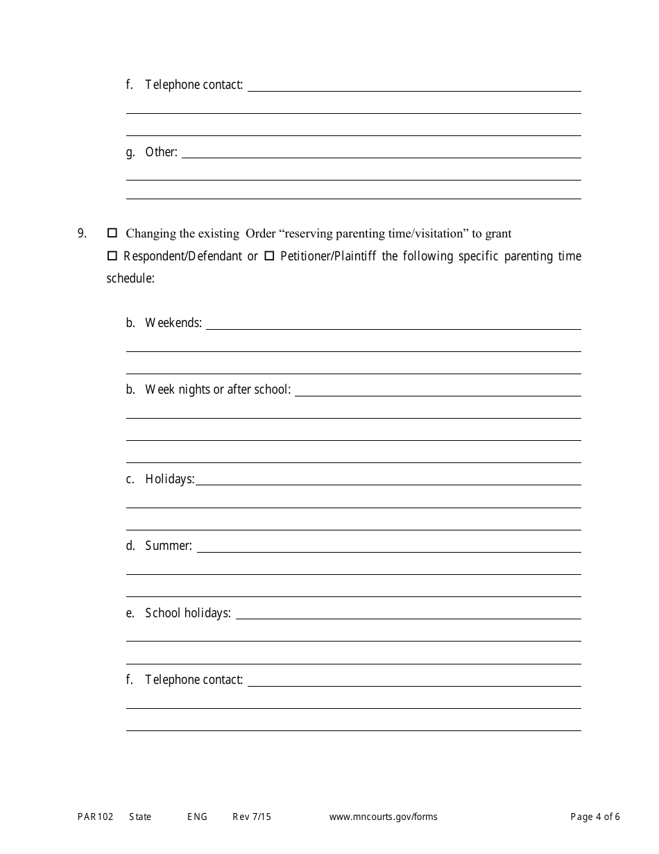 Form PAR102 Notice of Motion and Motion for Parenting Time Assistance - Minnesota, Page 4