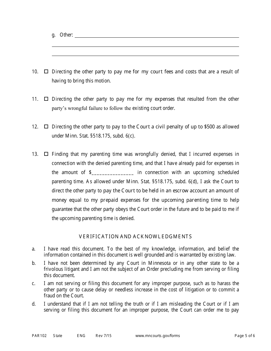 Form PAR102 Notice of Motion and Motion for Parenting Time Assistance - Minnesota, Page 5