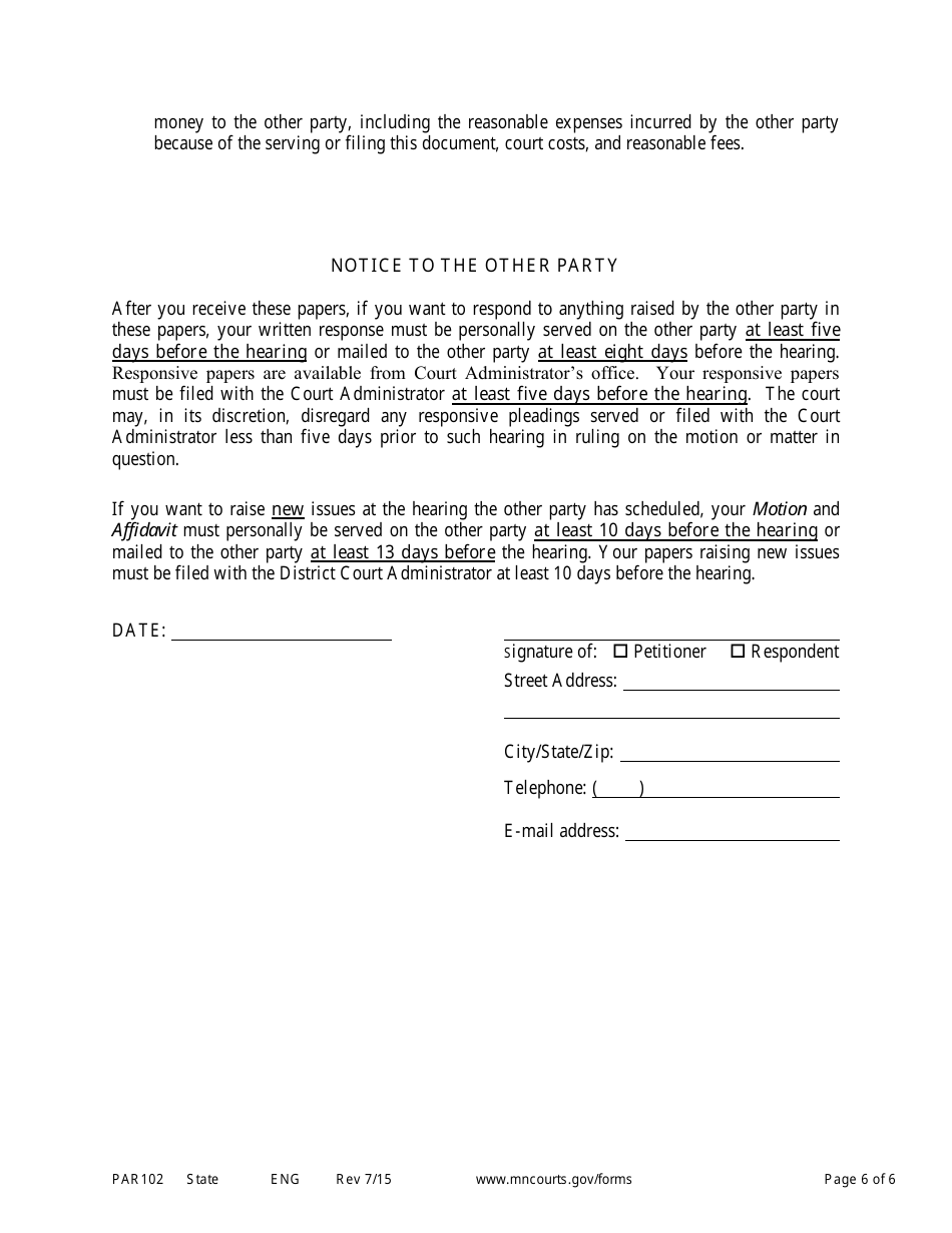 Form PAR102 Notice of Motion and Motion for Parenting Time Assistance - Minnesota, Page 6