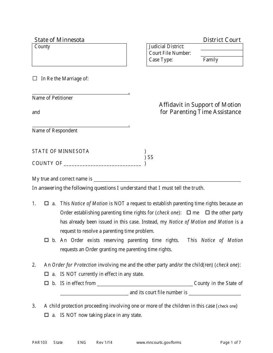 Form PAR103 Affidavit in Support of Motion for Parenting Time Assistance - Minnesota, Page 1