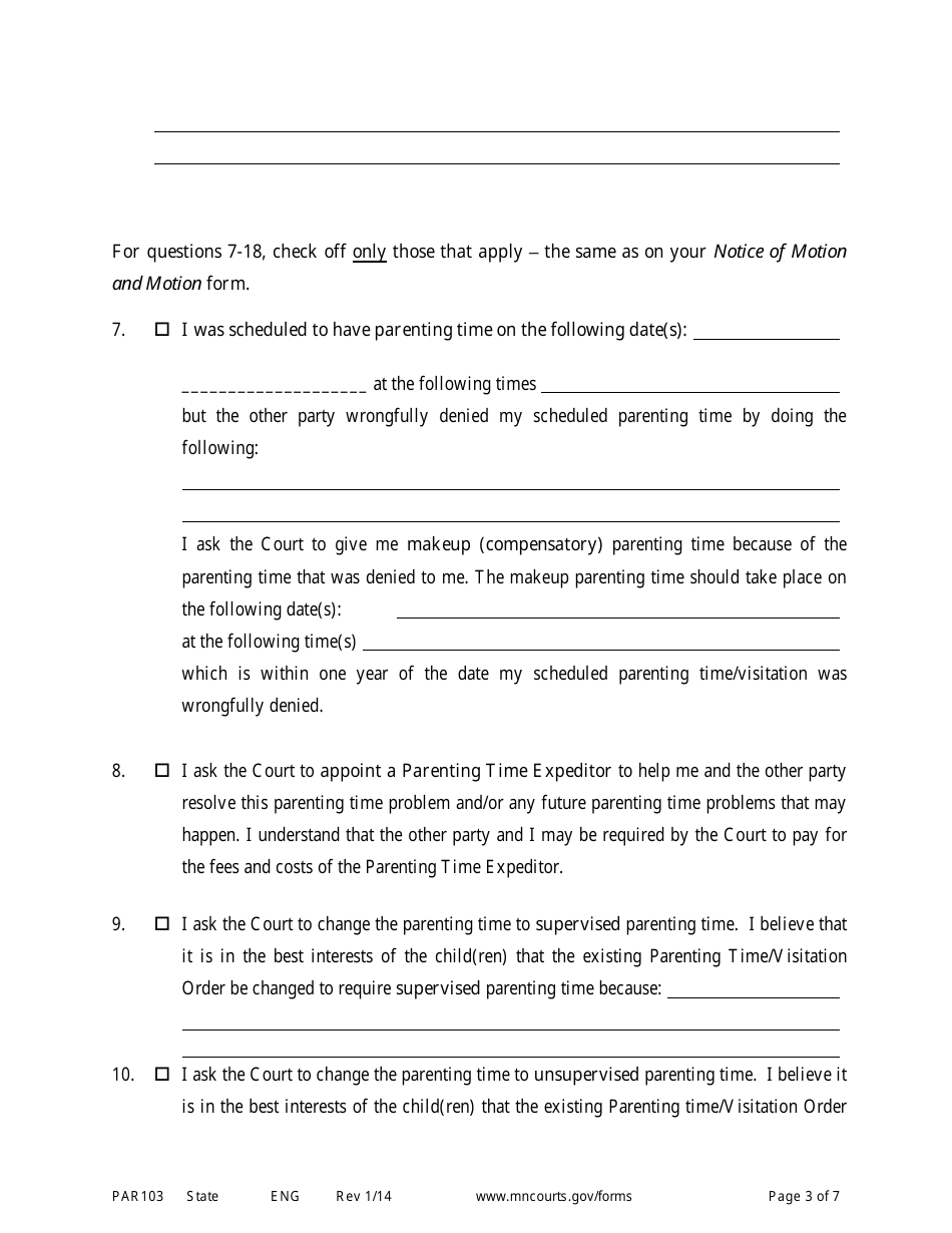 Form PAR103 Affidavit in Support of Motion for Parenting Time Assistance - Minnesota, Page 3