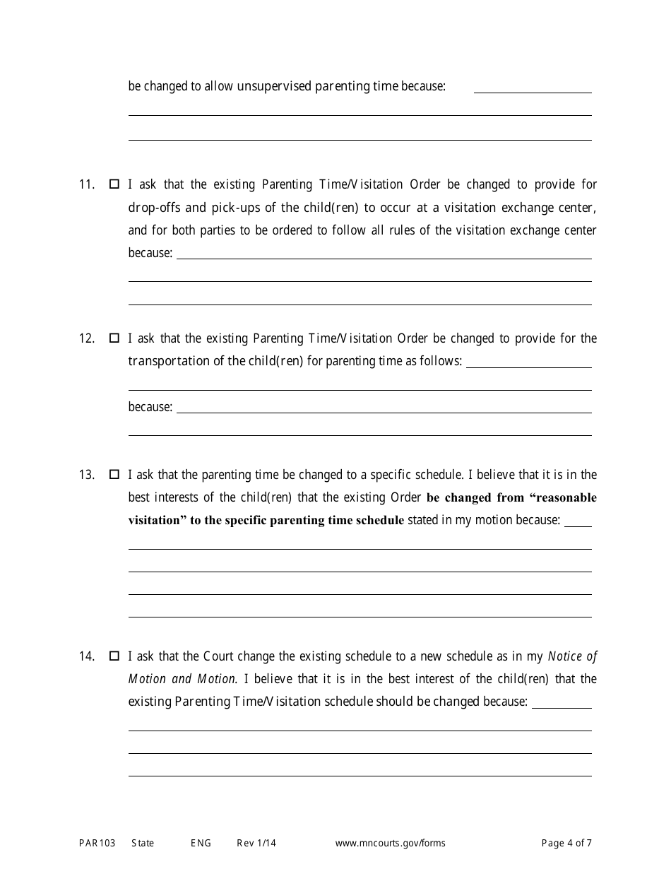 Form PAR103 Affidavit in Support of Motion for Parenting Time Assistance - Minnesota, Page 4