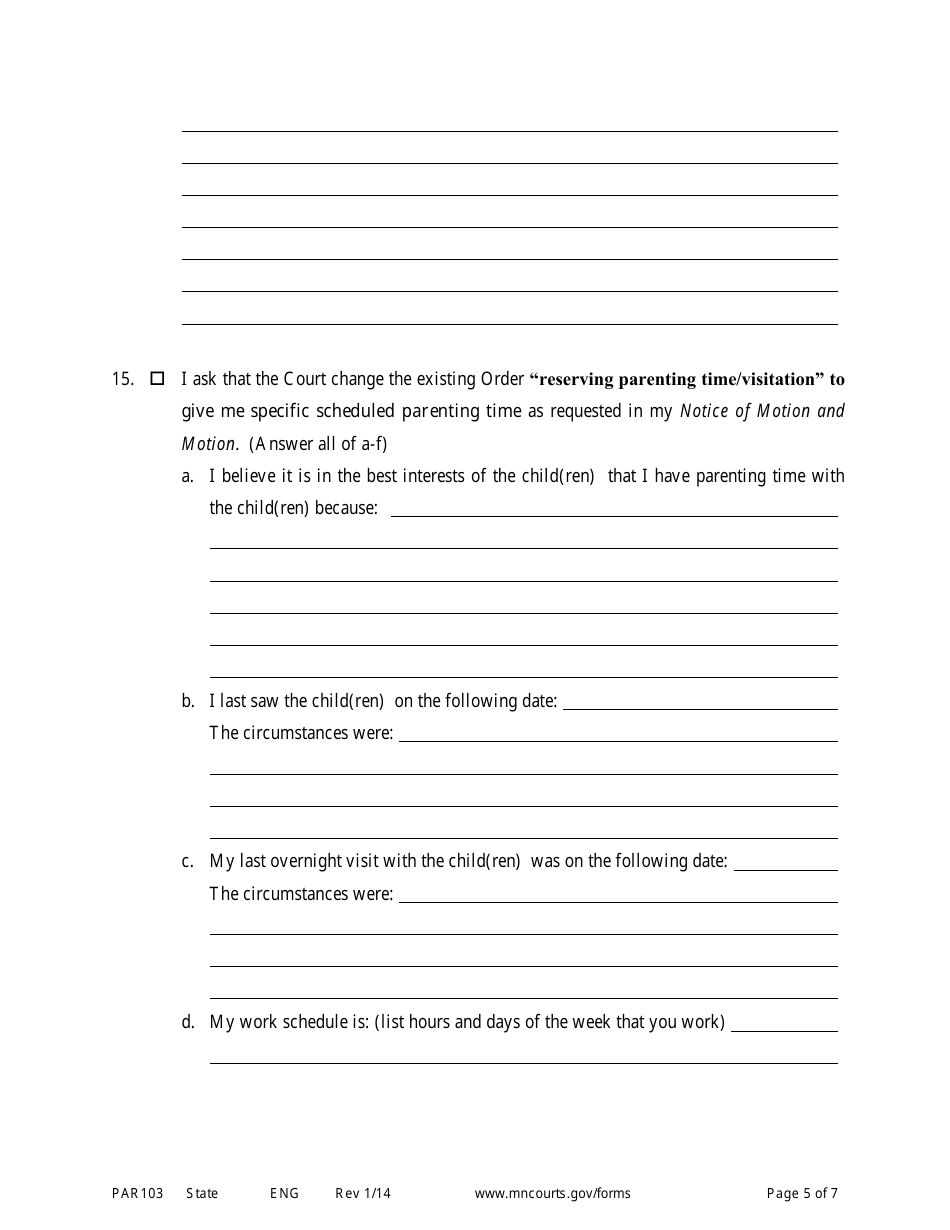Form PAR103 Affidavit in Support of Motion for Parenting Time Assistance - Minnesota, Page 5