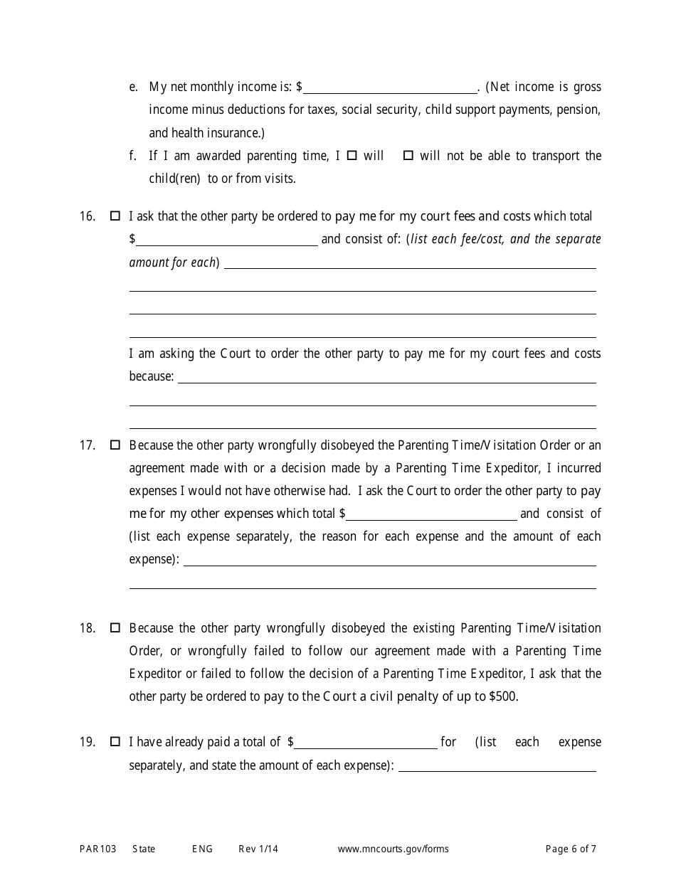 Form PAR103 Affidavit in Support of Motion for Parenting Time Assistance - Minnesota, Page 6