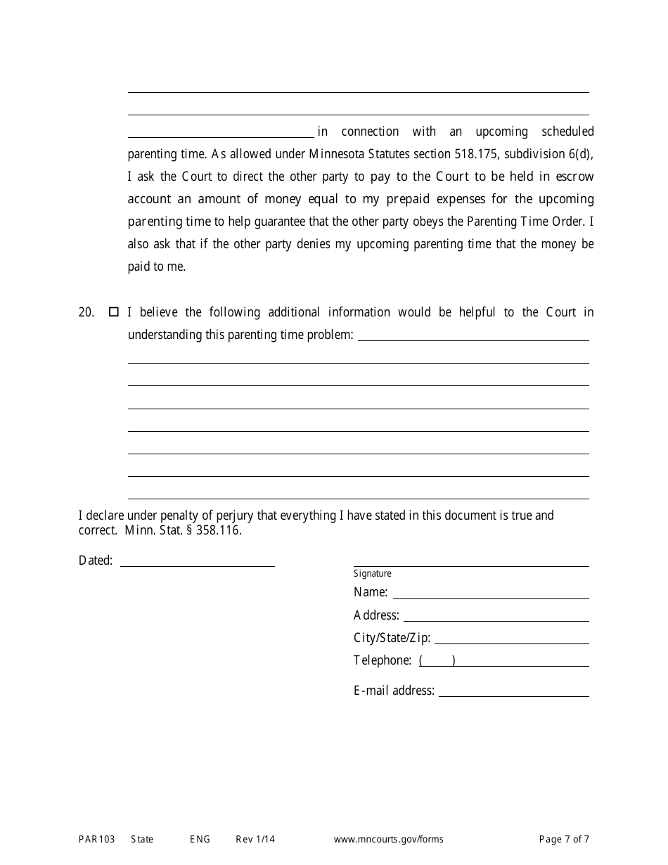 Form PAR103 Affidavit in Support of Motion for Parenting Time Assistance - Minnesota, Page 7