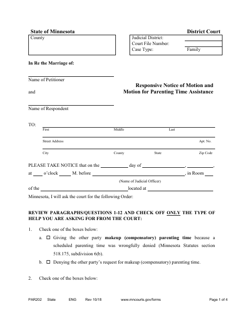Form PAR202 Responsive Notice of Motion and Motion for Parenting Time Assistance - Minnesota