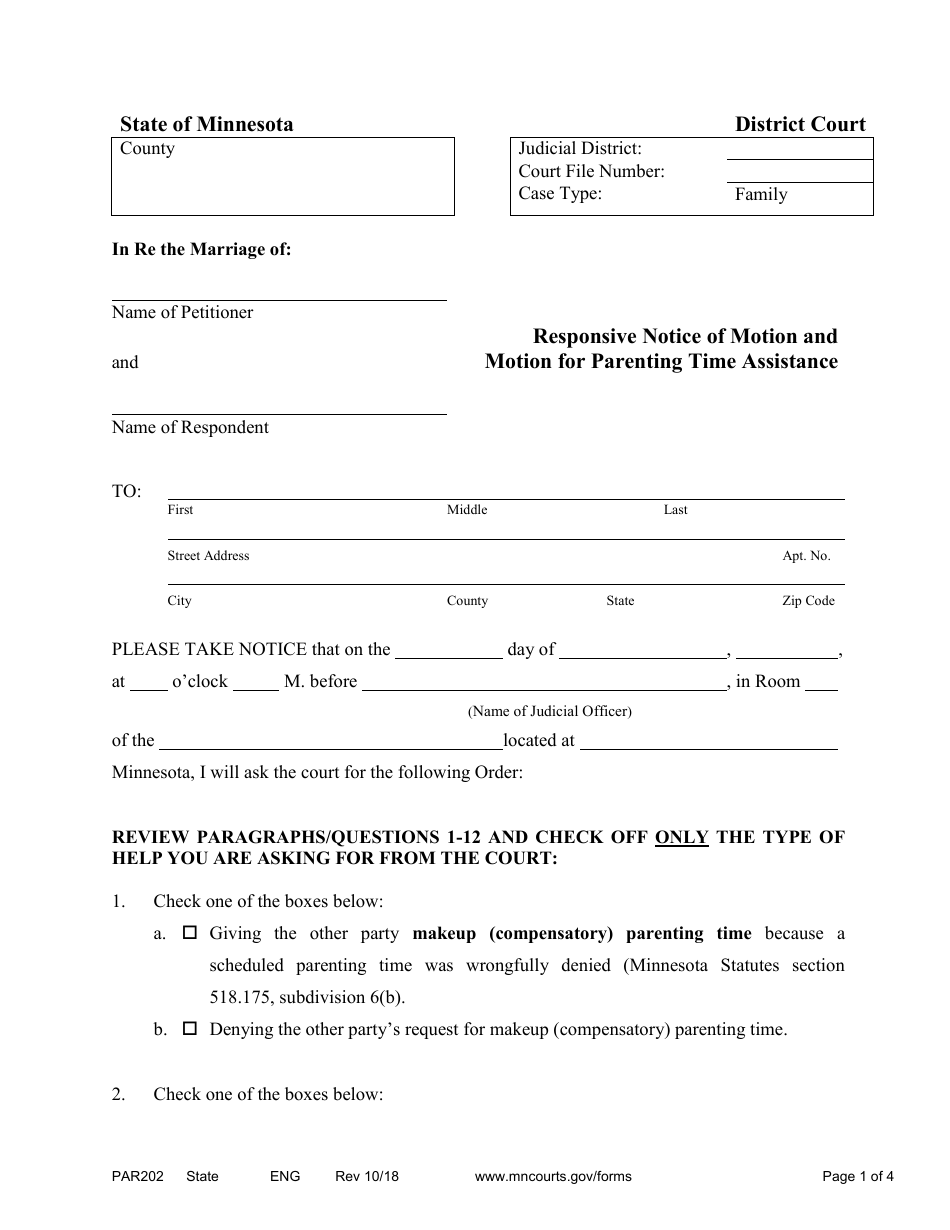 Form PAR202 Responsive Notice of Motion and Motion for Parenting Time Assistance - Minnesota, Page 1