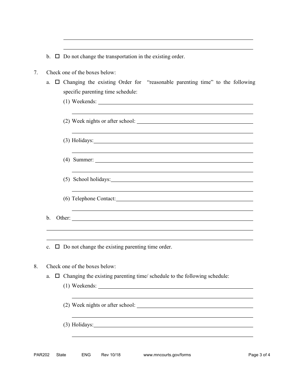Form PAR202 Responsive Notice of Motion and Motion for Parenting Time Assistance - Minnesota, Page 3