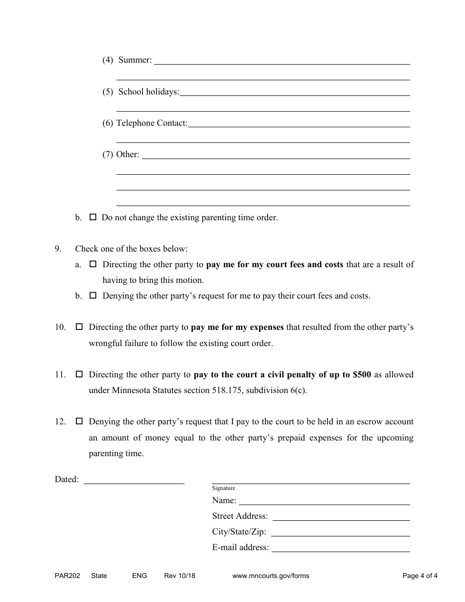 Form PAR202 Responsive Notice of Motion and Motion for Parenting Time Assistance - Minnesota, Page 4