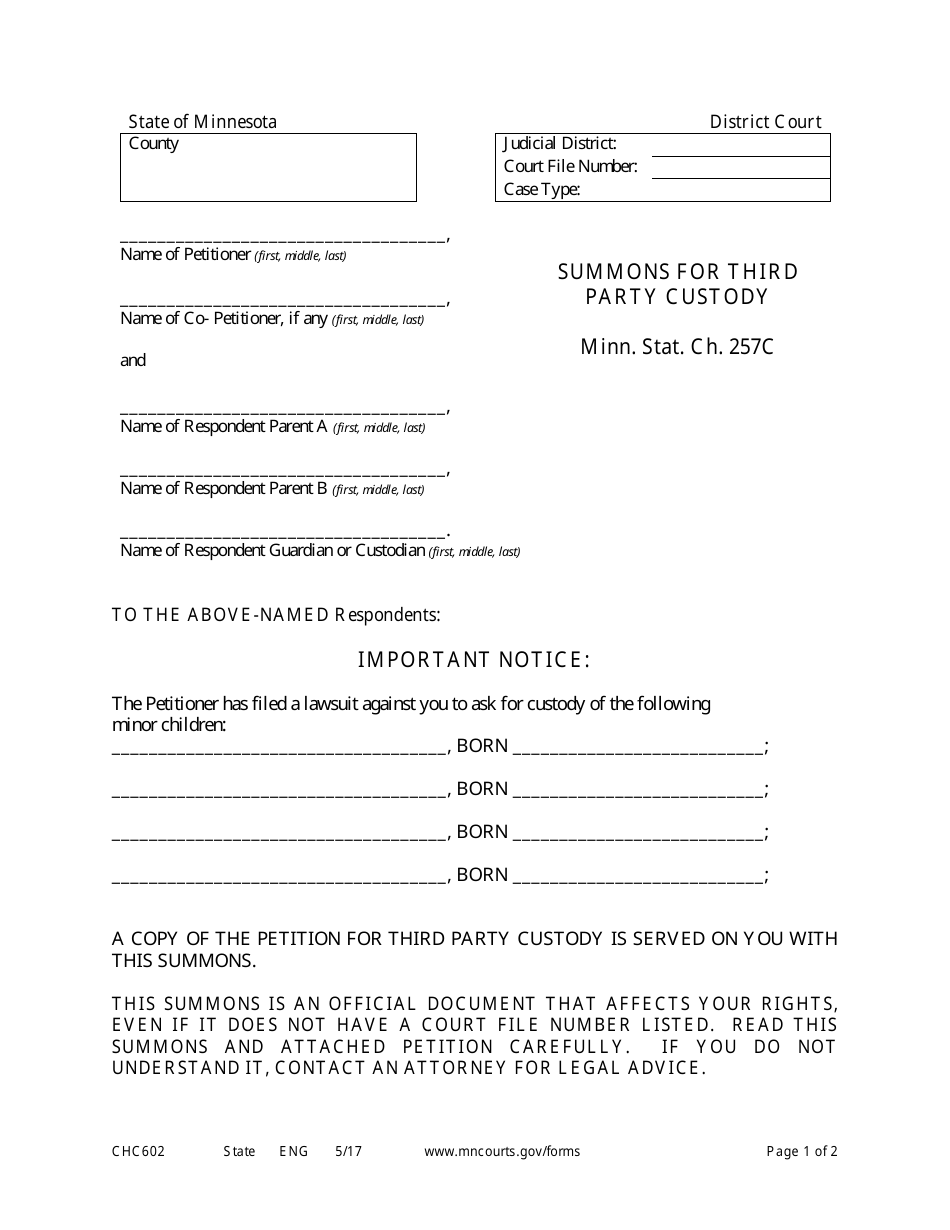 Form CHC602 Summons to Establish Third Party Custody - Minnesota, Page 1