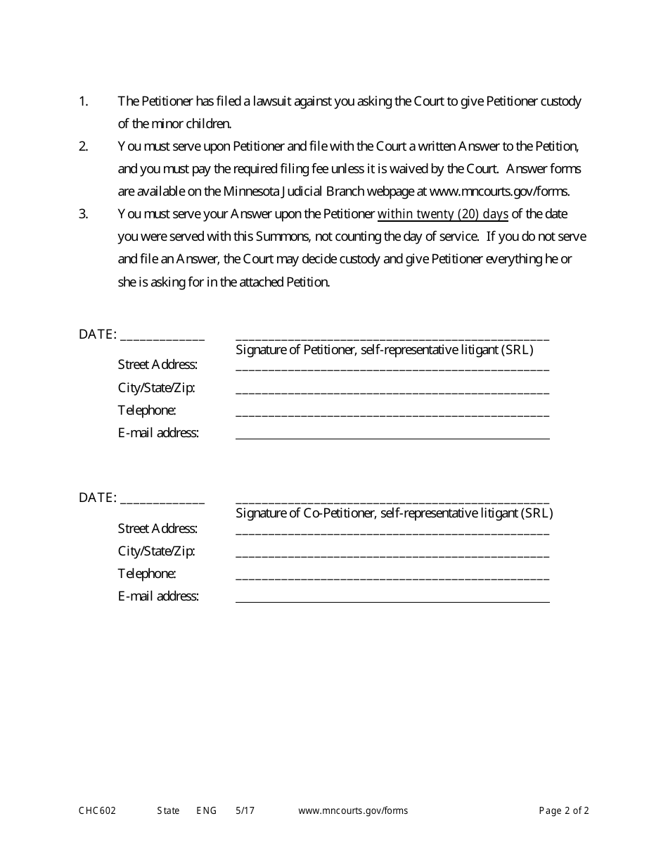 Form CHC602 Summons to Establish Third Party Custody - Minnesota, Page 2