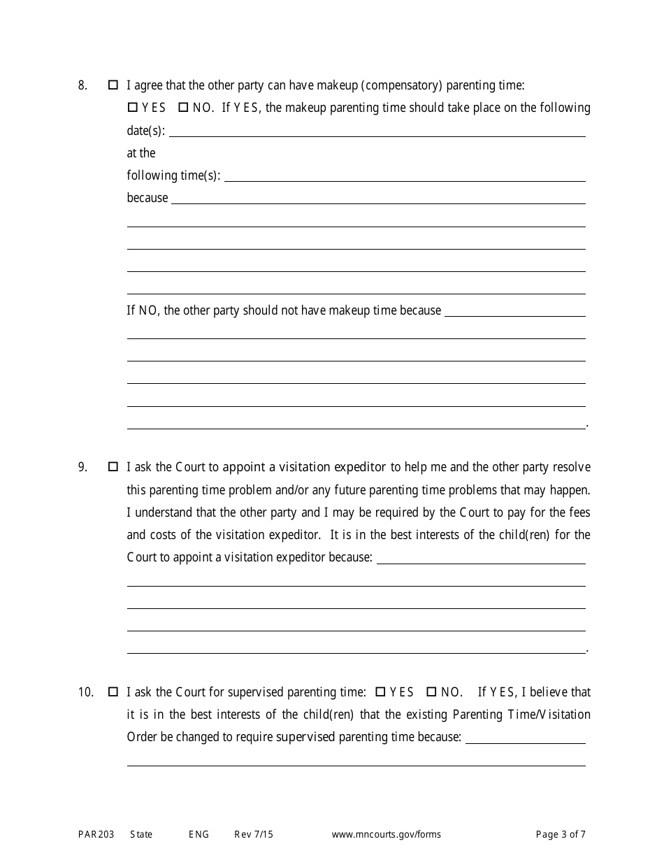 Form PAR203 Affidavit in Support of Responsive Motion for Parenting Time Assistance - Minnesota, Page 3