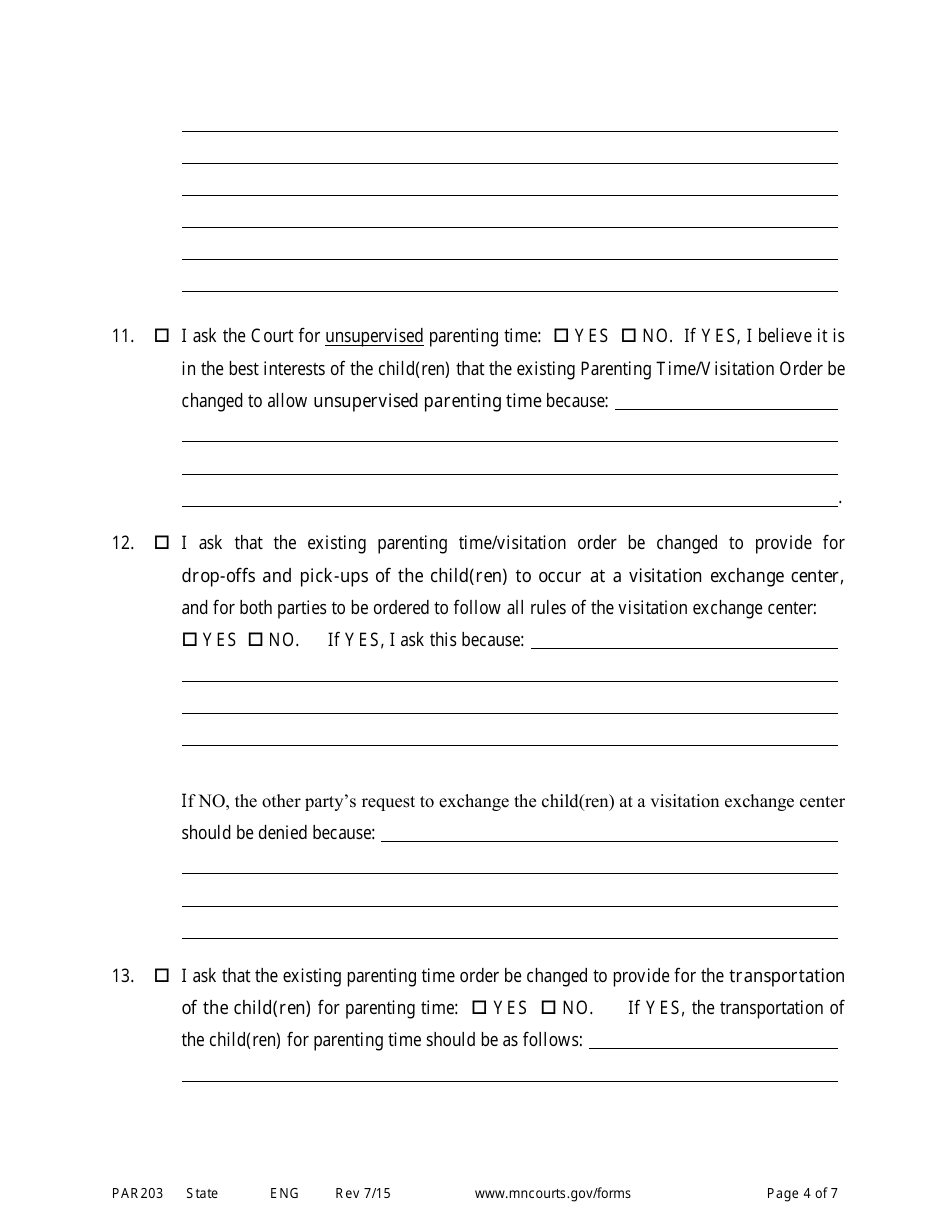 Form PAR203 Affidavit in Support of Responsive Motion for Parenting Time Assistance - Minnesota, Page 4