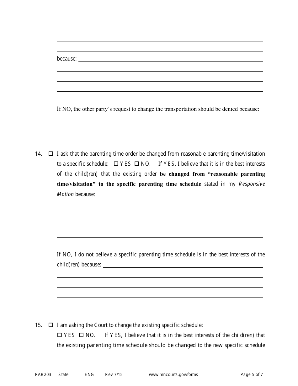 Form PAR203 Affidavit in Support of Responsive Motion for Parenting Time Assistance - Minnesota, Page 5
