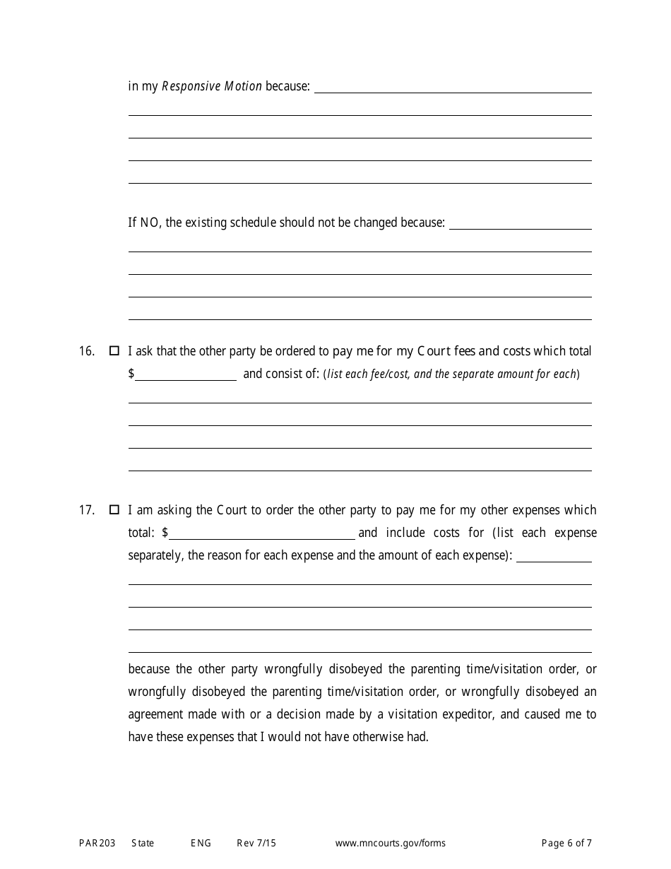 Form PAR203 Affidavit in Support of Responsive Motion for Parenting Time Assistance - Minnesota, Page 6