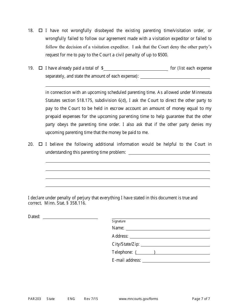 Form PAR203 Affidavit in Support of Responsive Motion for Parenting Time Assistance - Minnesota, Page 7