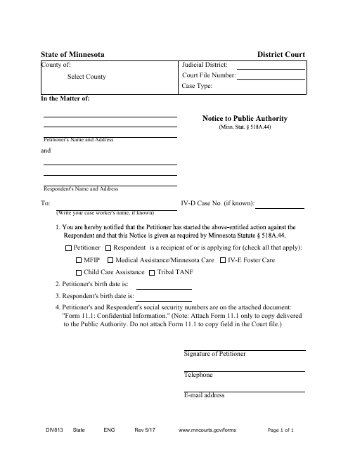 Form DIV813 Notice to Public Authority - Minnesota
