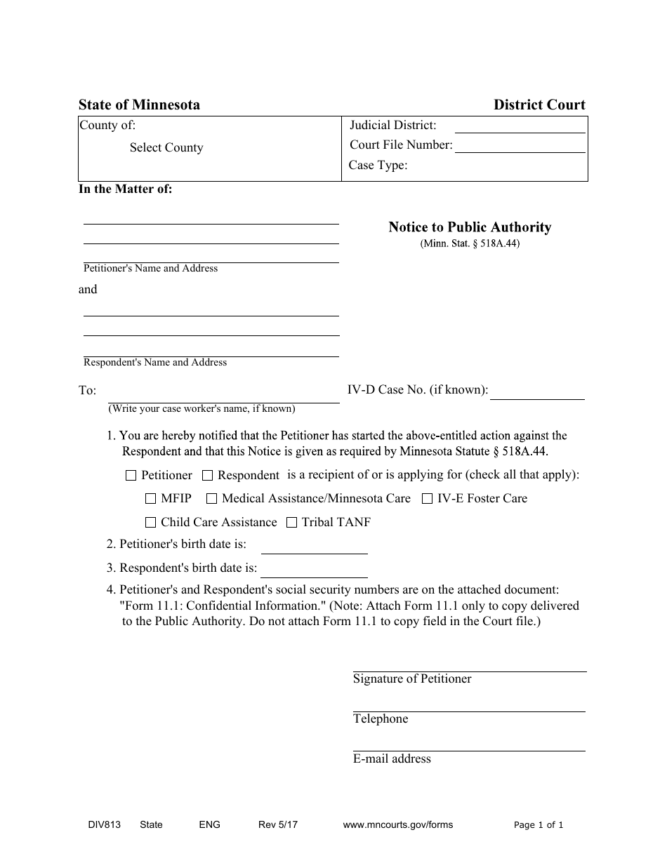 Form DIV813 Notice to Public Authority - Minnesota, Page 1