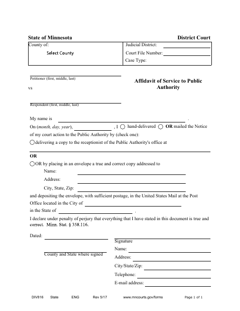 Form DIV816 Affidavit of Service to Public Authority - Minnesota