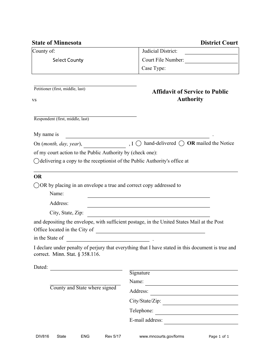 Form DIV816 Affidavit of Service to Public Authority - Minnesota, Page 1