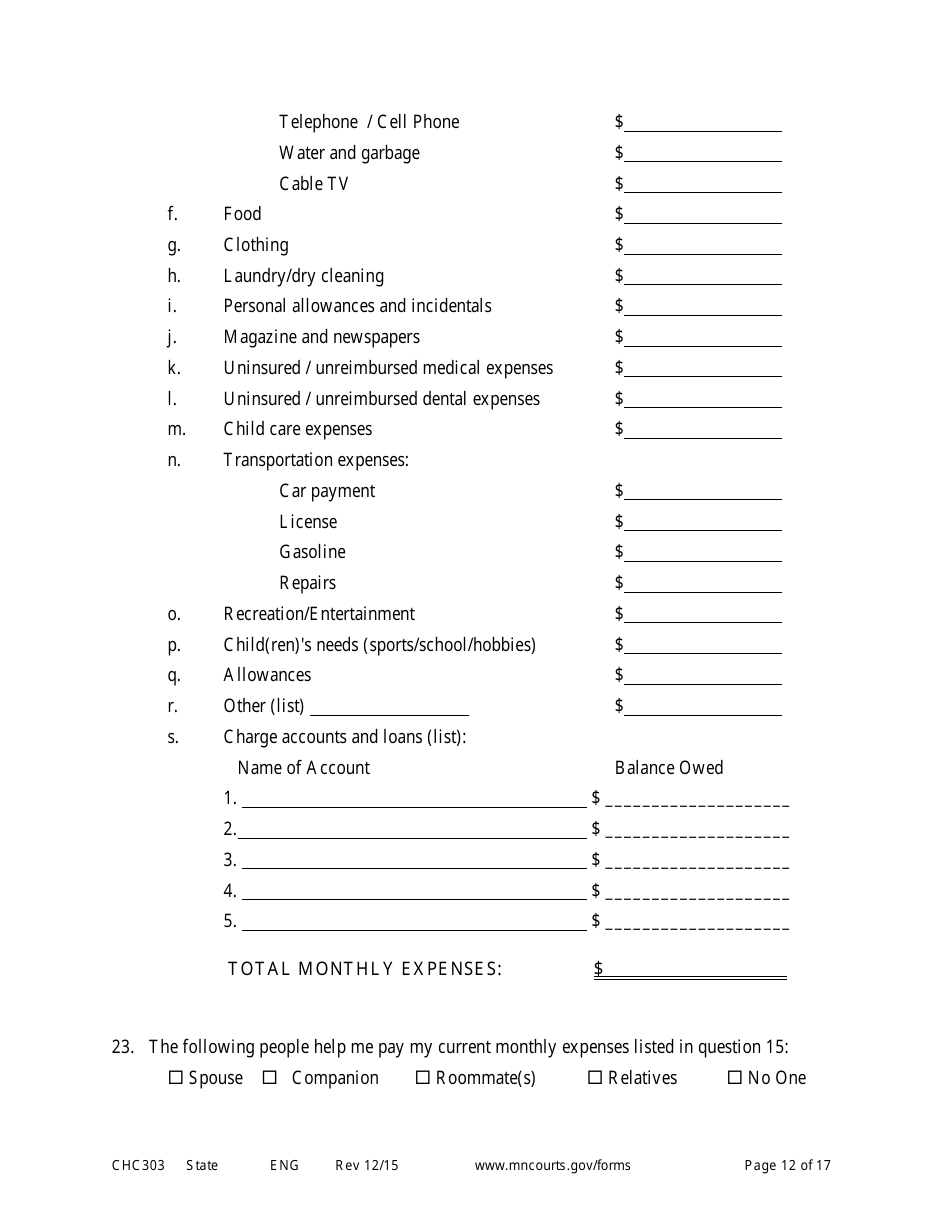 Form CHC303 Affidavit in Support of Motion to Change Custody - Minnesota, Page 12