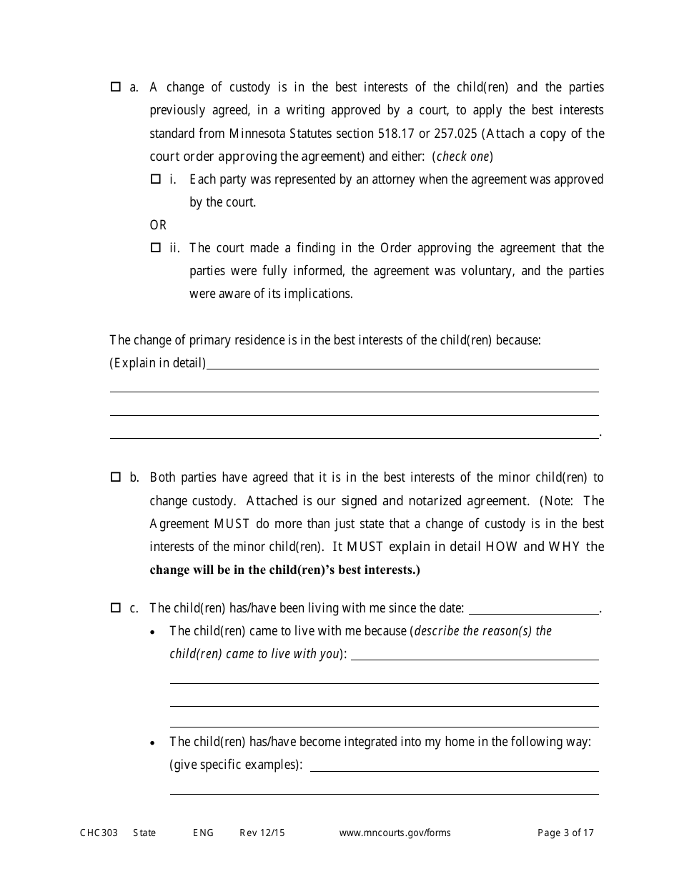 Form CHC303 Affidavit in Support of Motion to Change Custody - Minnesota, Page 3