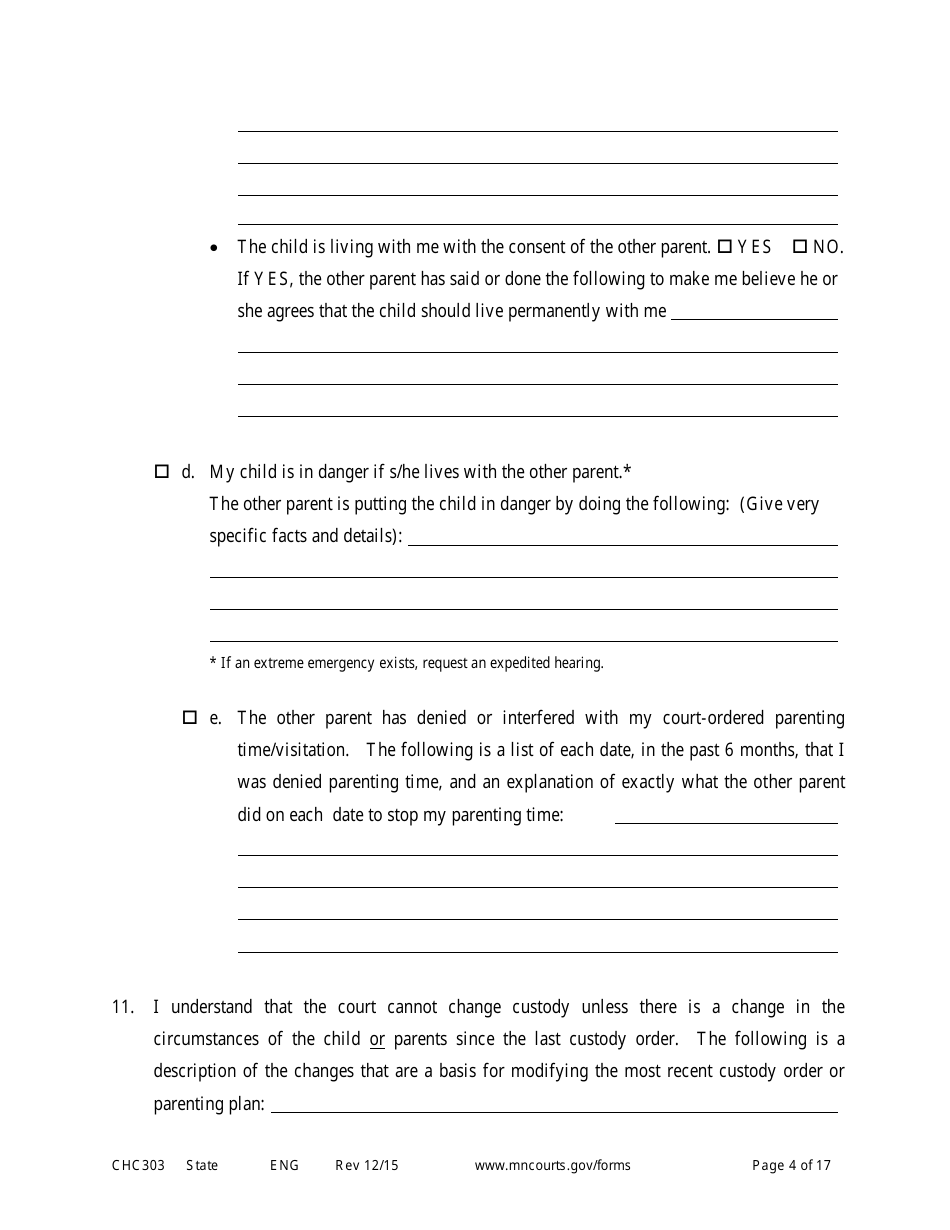 Form CHC303 Affidavit in Support of Motion to Change Custody - Minnesota, Page 4