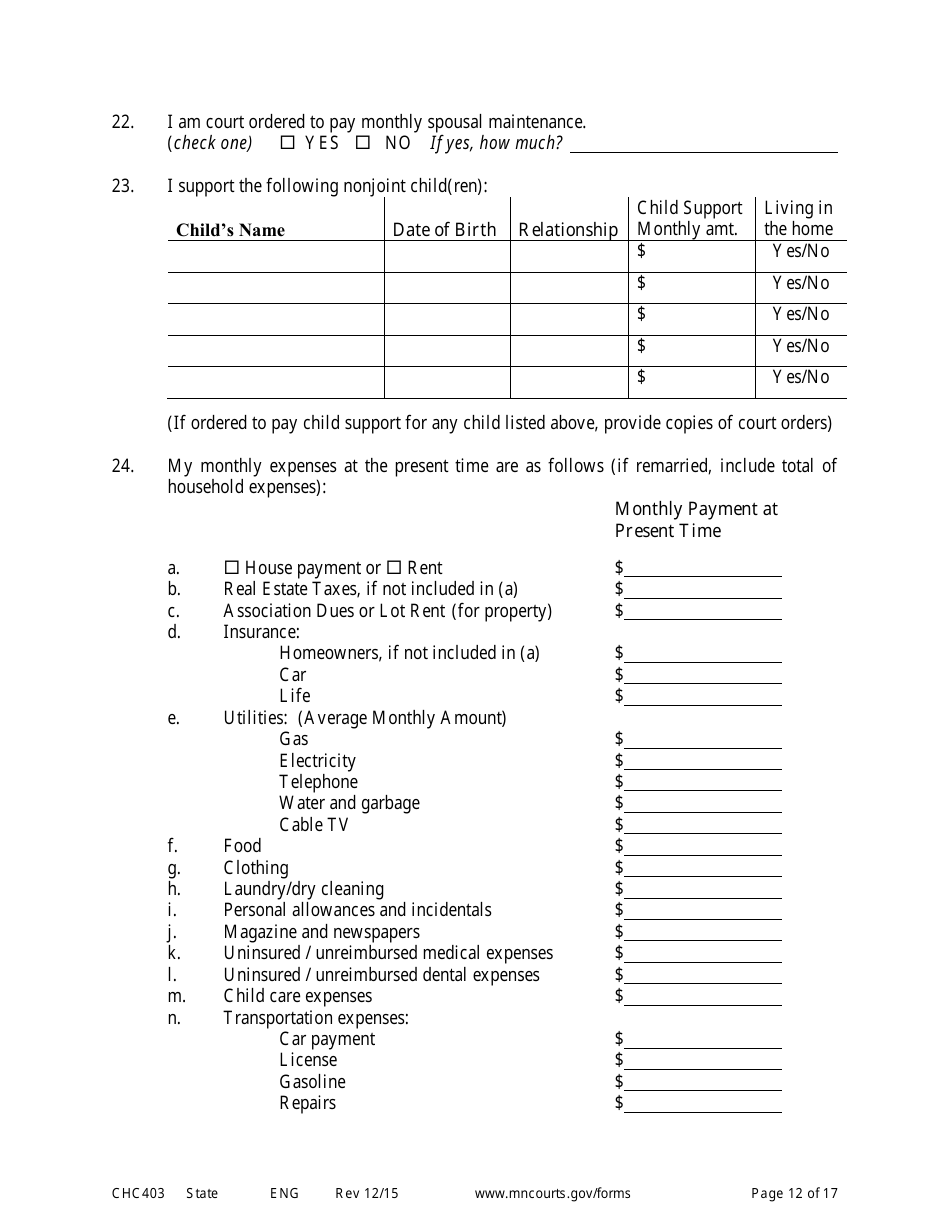 Form CHC403 Affidavit in Response to and Motion to Change Custody - Minnesota, Page 12