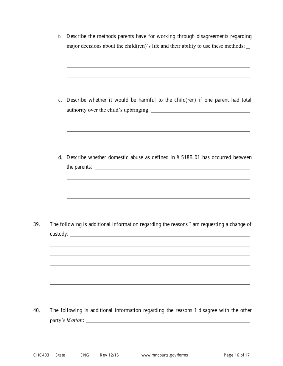 Form CHC403 Affidavit in Response to and Motion to Change Custody - Minnesota, Page 16