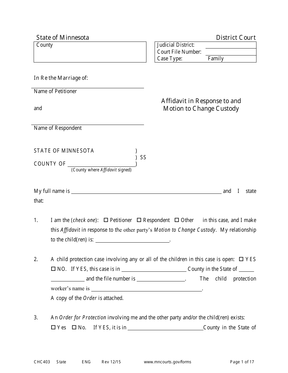 Form CHC403 Affidavit in Response to and Motion to Change Custody - Minnesota, Page 1