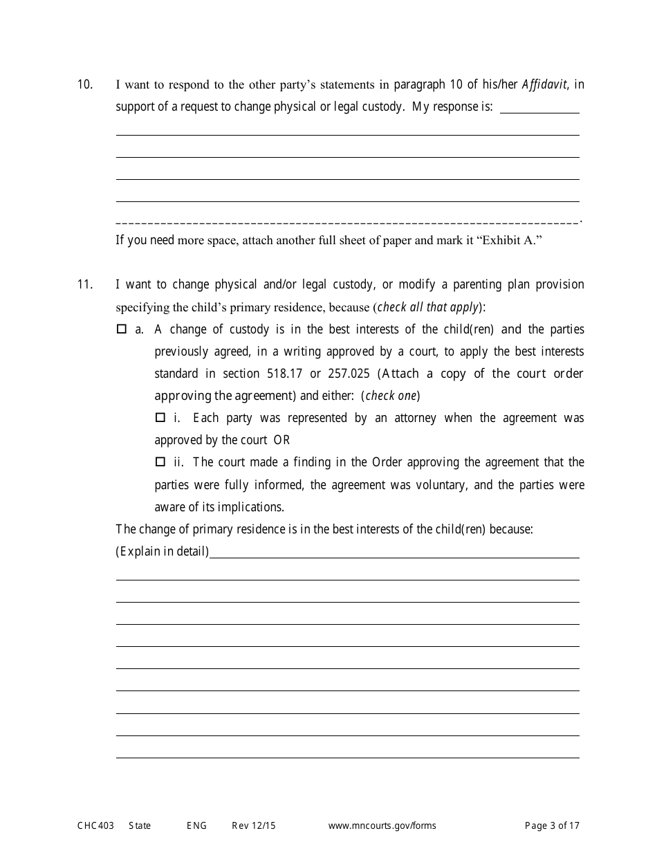 Form CHC403 Affidavit in Response to and Motion to Change Custody - Minnesota, Page 3
