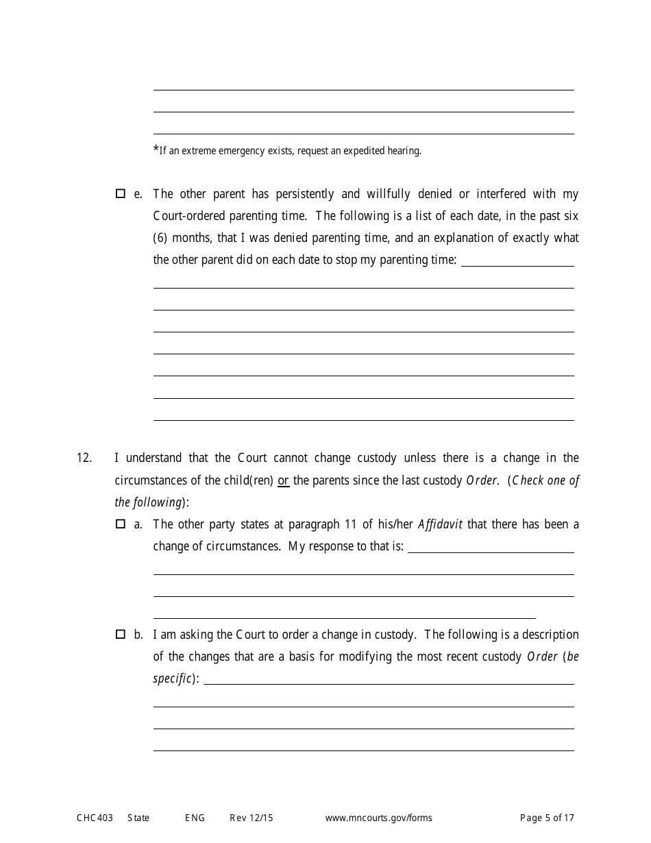 Form CHC403 Affidavit in Response to and Motion to Change Custody - Minnesota, Page 5