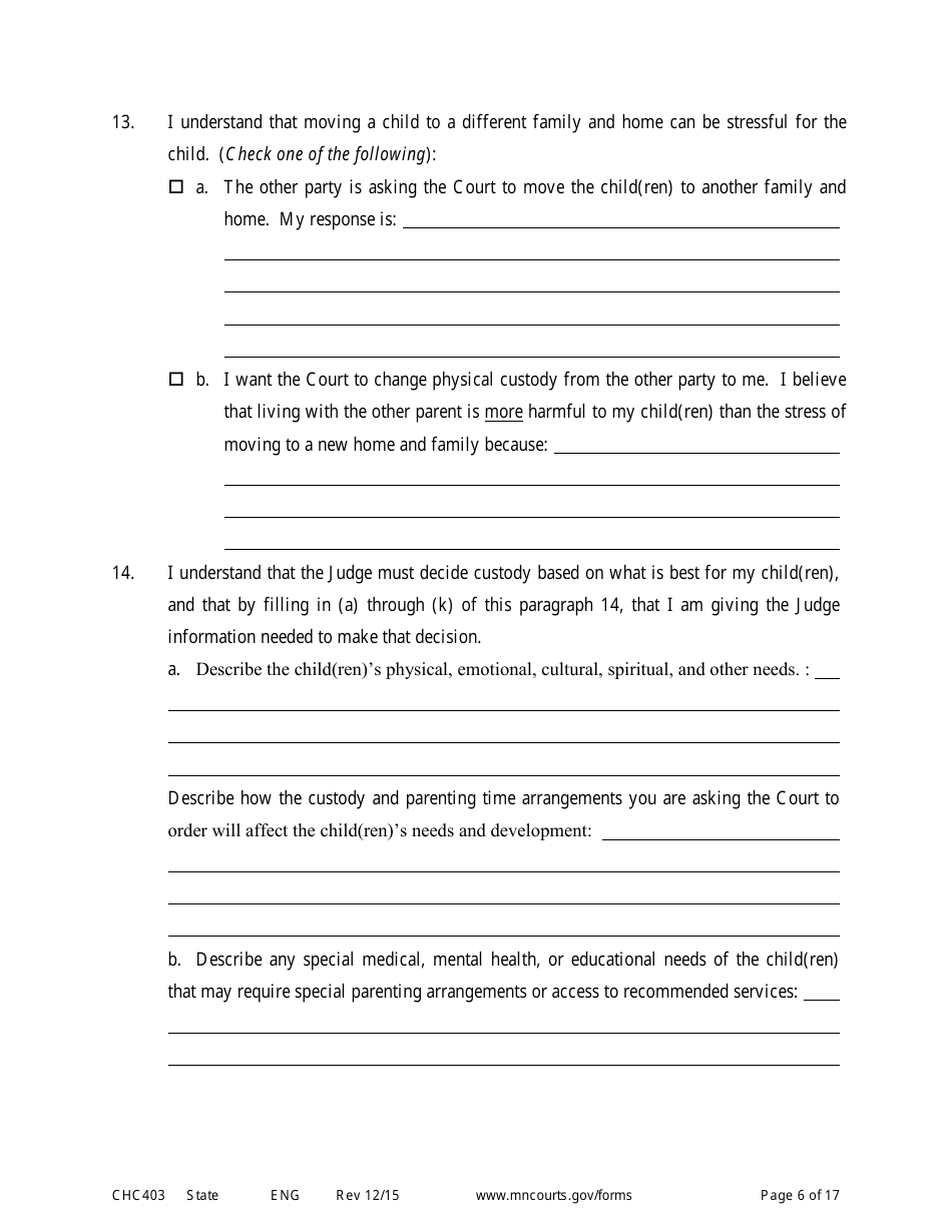 Form CHC403 Affidavit in Response to and Motion to Change Custody - Minnesota, Page 6