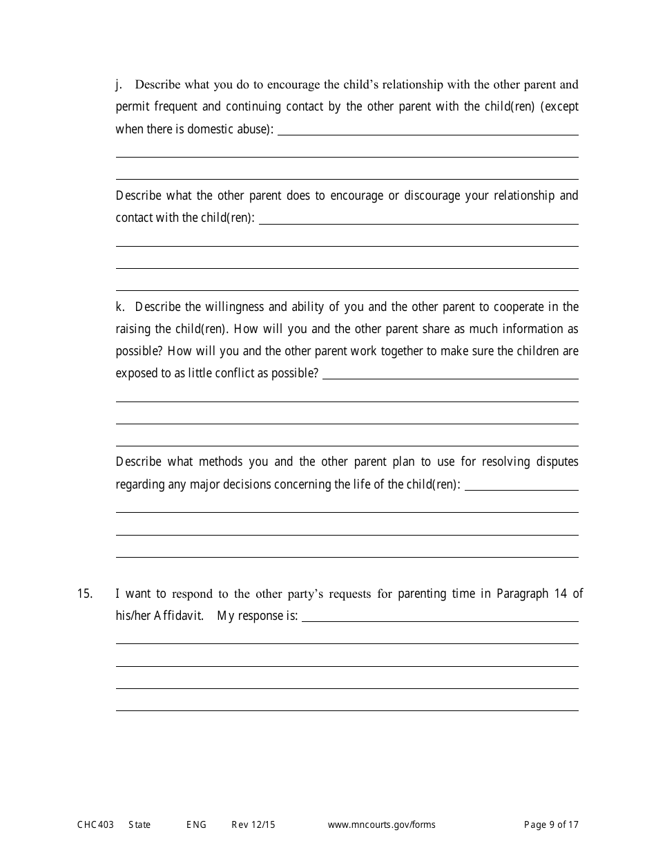 Form CHC403 Affidavit in Response to and Motion to Change Custody - Minnesota, Page 9