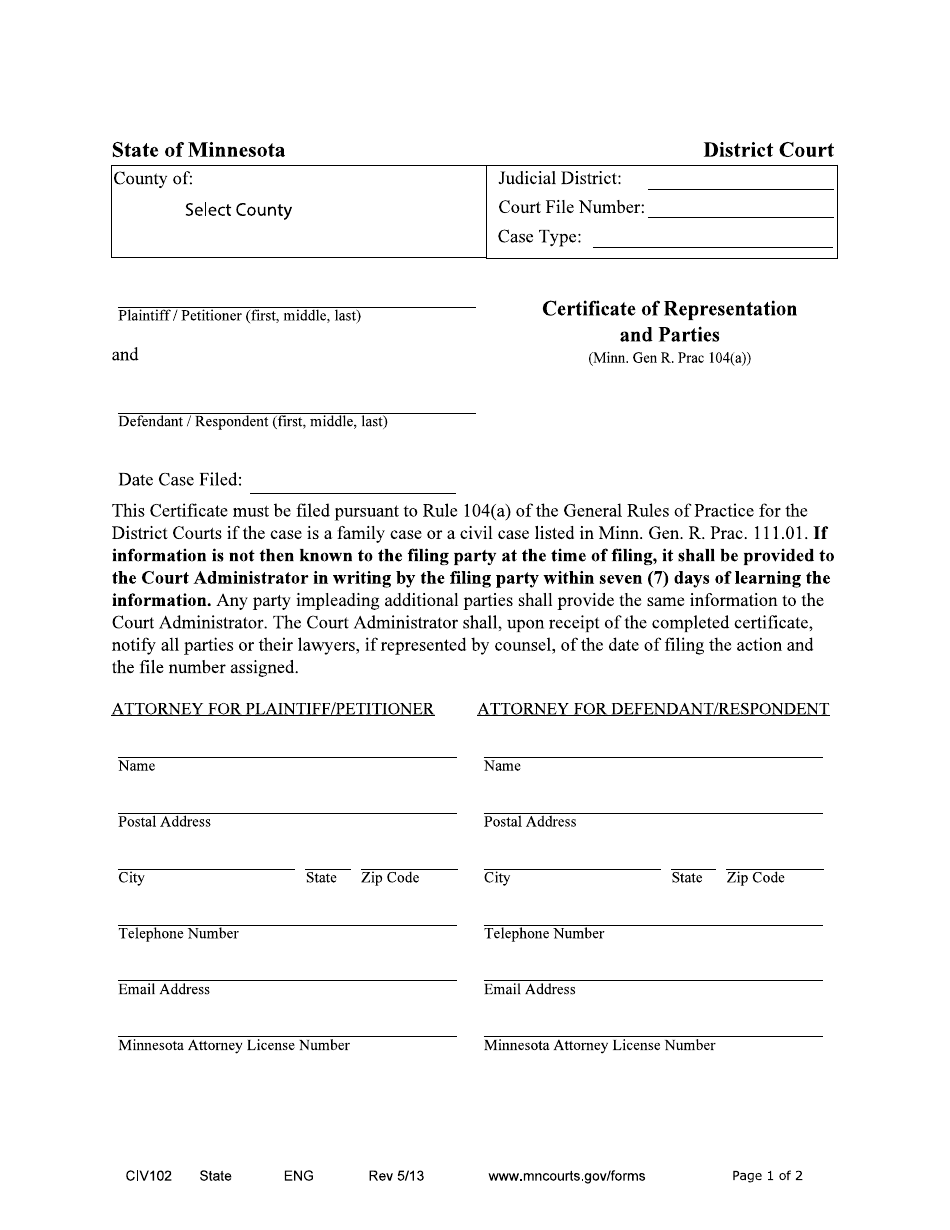 Form CIV102 Certificate of Representation and Parties - Minnesota, Page 1