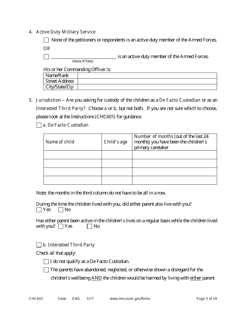Form CHC603 Petition for Third Party Custody - Minnesota, Page 5